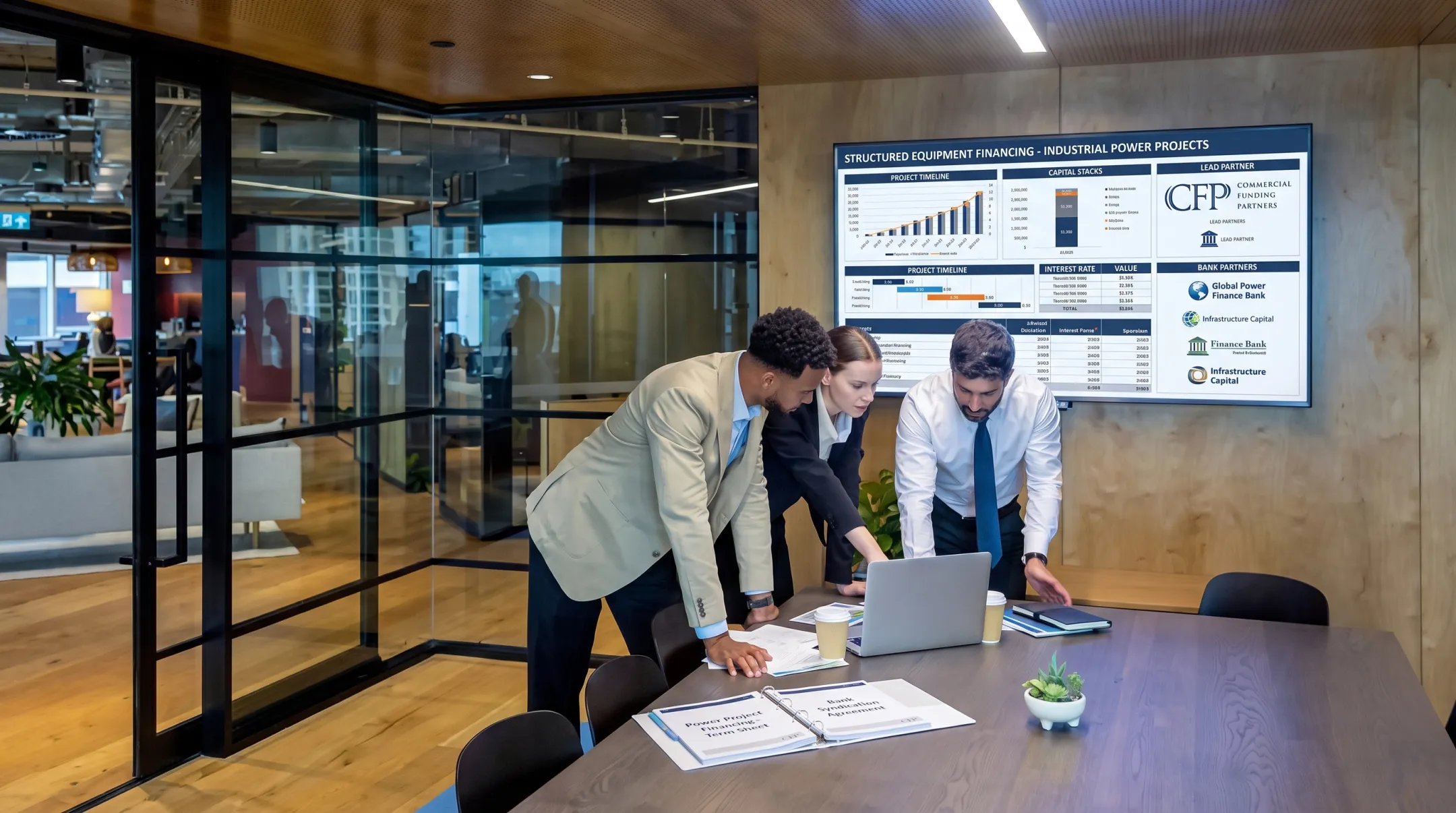 Equipment finance specialist reviewing industrial power project funding structure