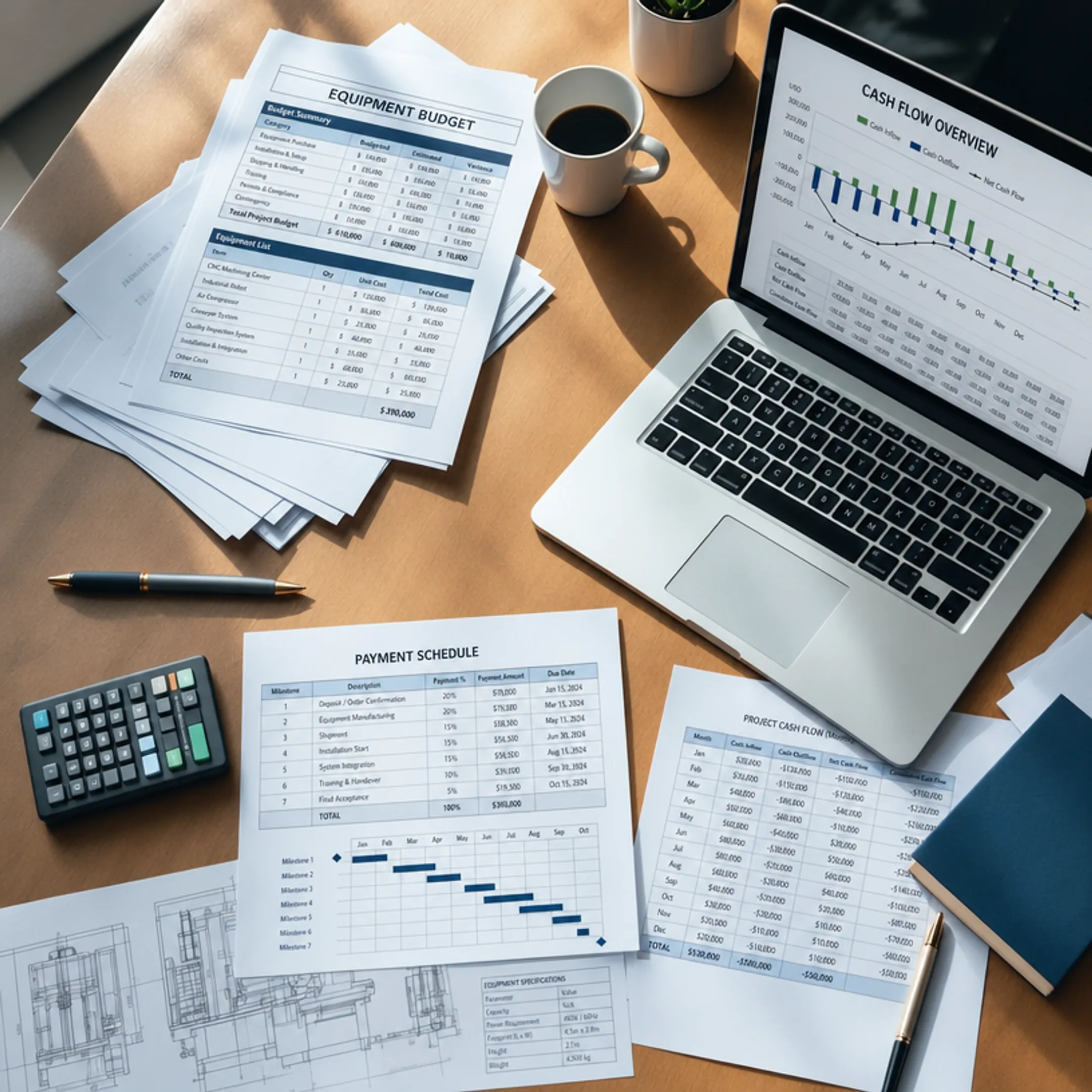 Manufacturing facility cash flow planning documents and financial charts on desk