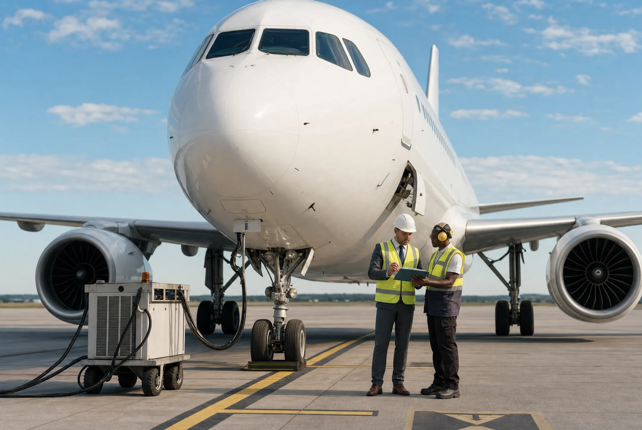 Commercial airliner on tarmac during aircraft lease handover inspection