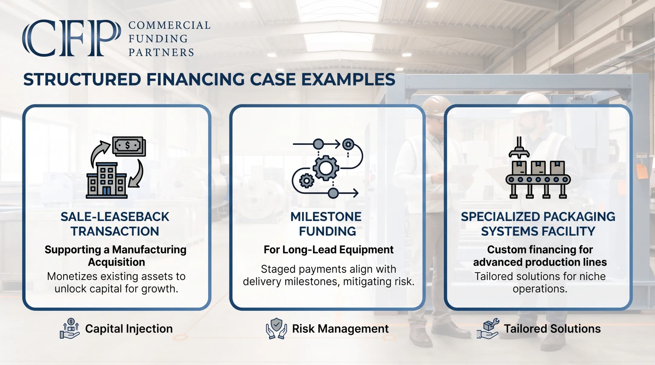 Structured equipment financing deal examples including sale-leaseback and milestone funding