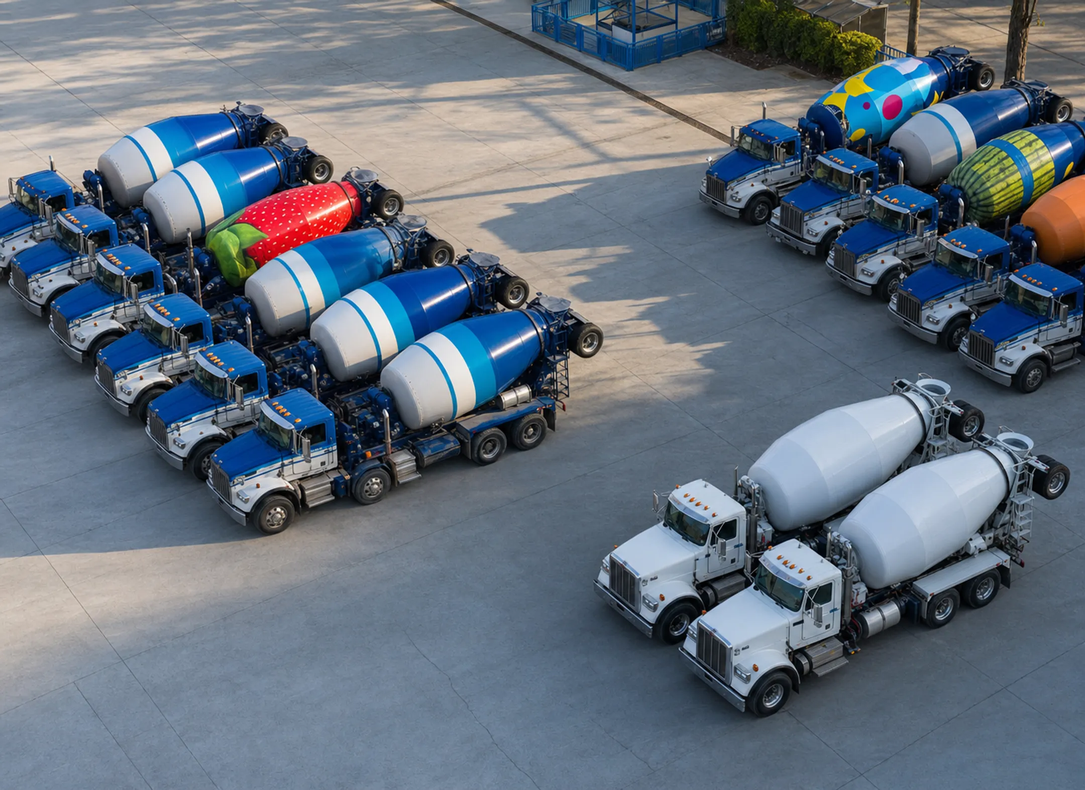 Fleet of ready-mix concrete mixer trucks parked at construction supply yard