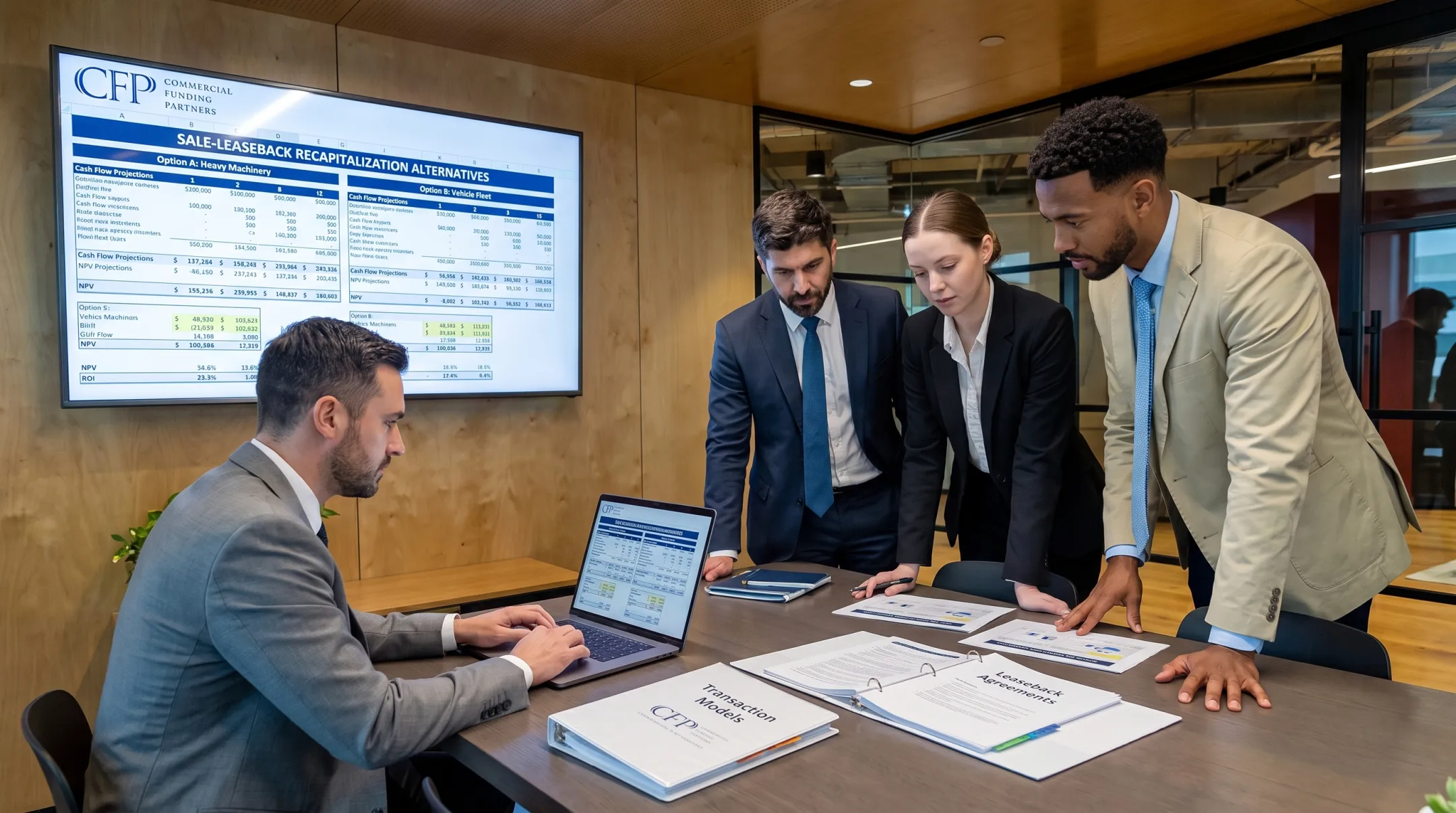 Equipment finance specialists reviewing sale-leaseback structuring options and cash flow models