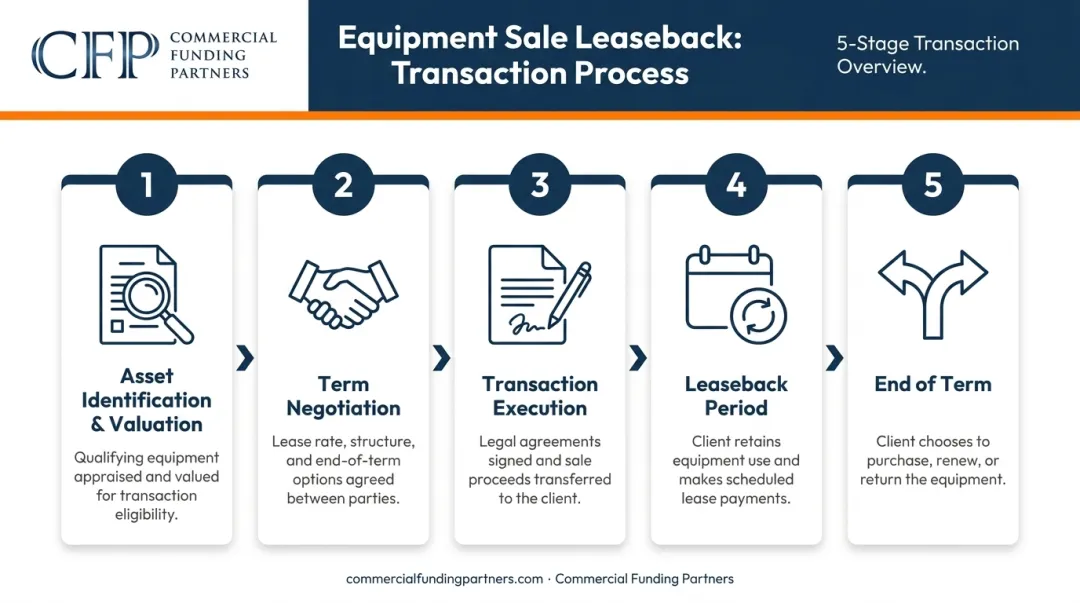 5-step equipment sale leaseback process flow from valuation to end-of-term