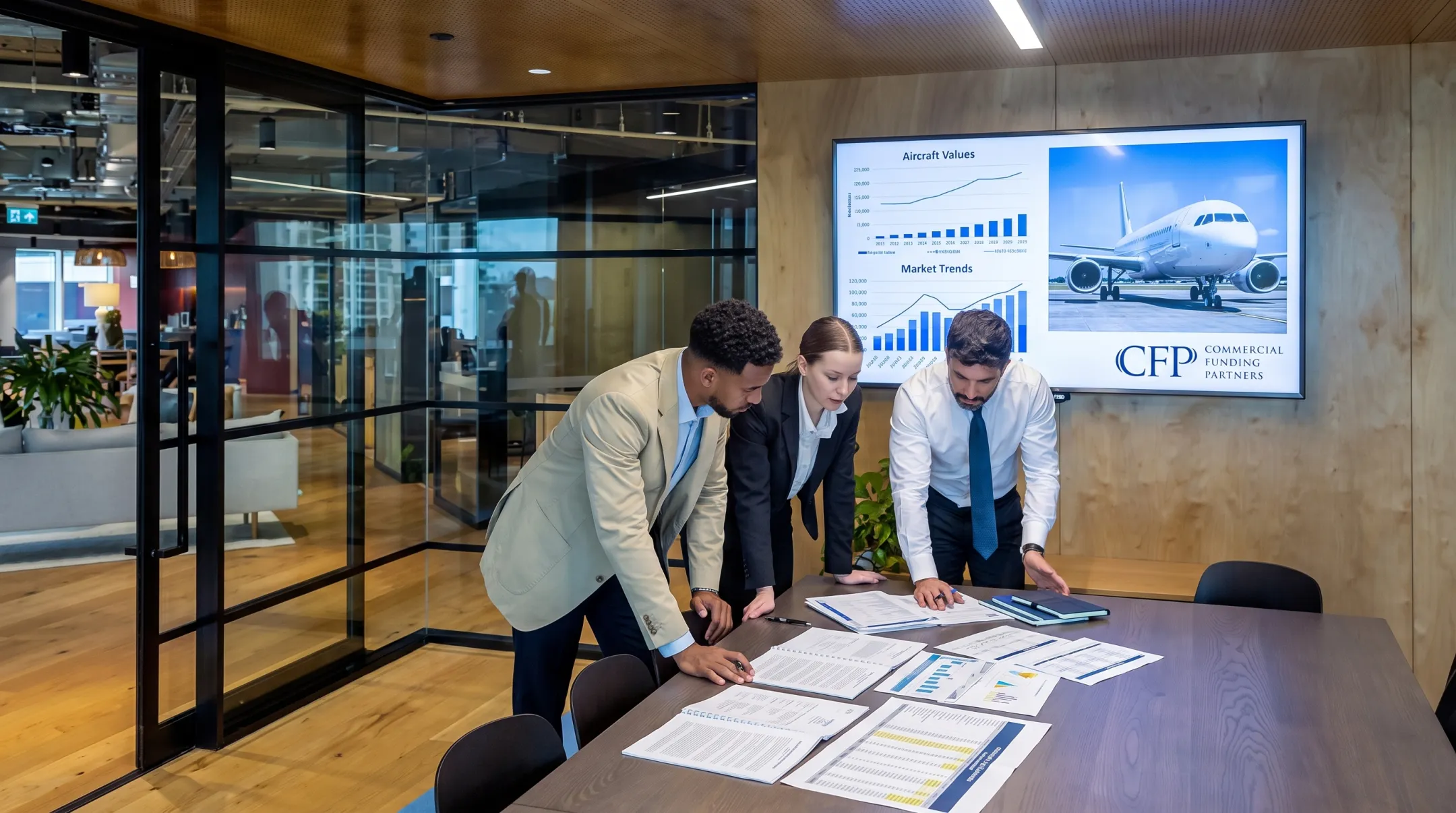 Aviation finance team structuring jet lease agreement documents in office