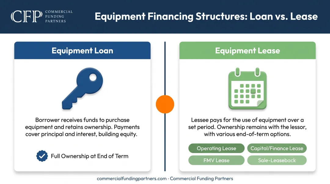 Equipment loan versus equipment lease ownership structure comparison chart