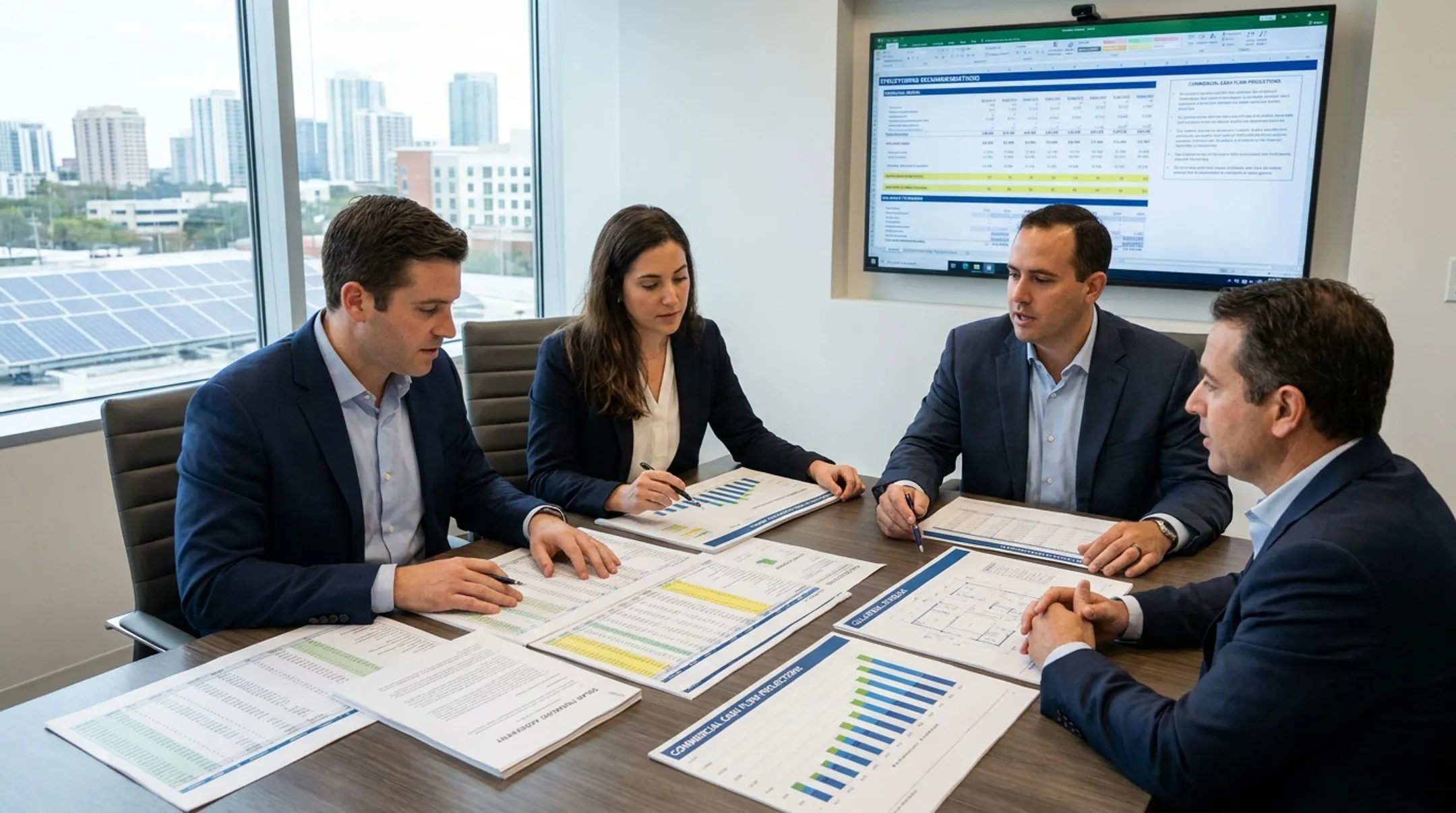 Commercial Funding Partners team reviewing solar equipment financing application documents