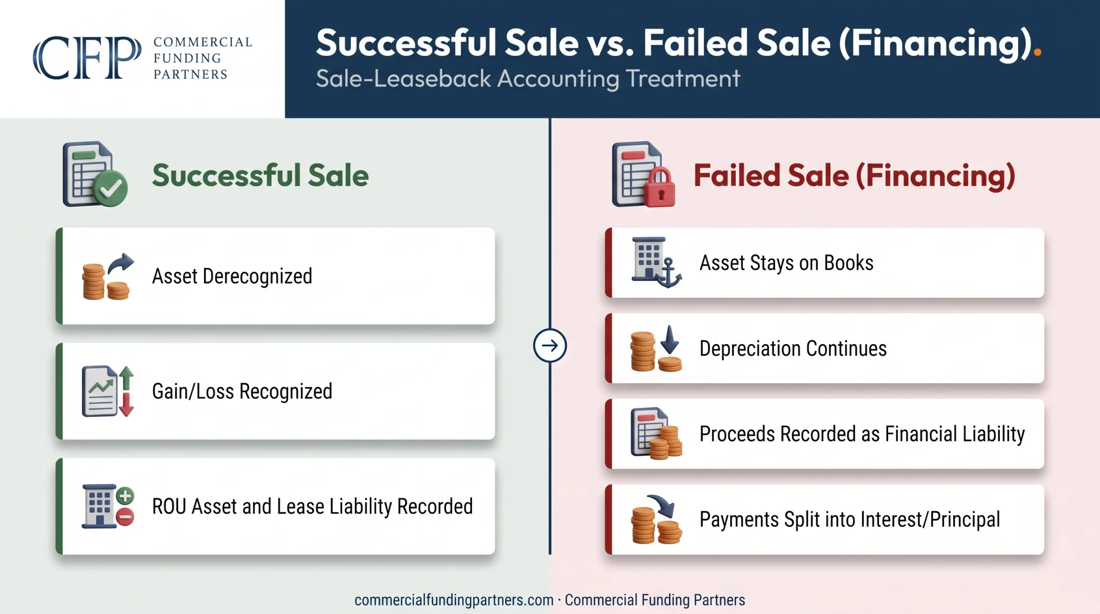 Failed sale-leaseback financing treatment versus successful sale accounting comparison