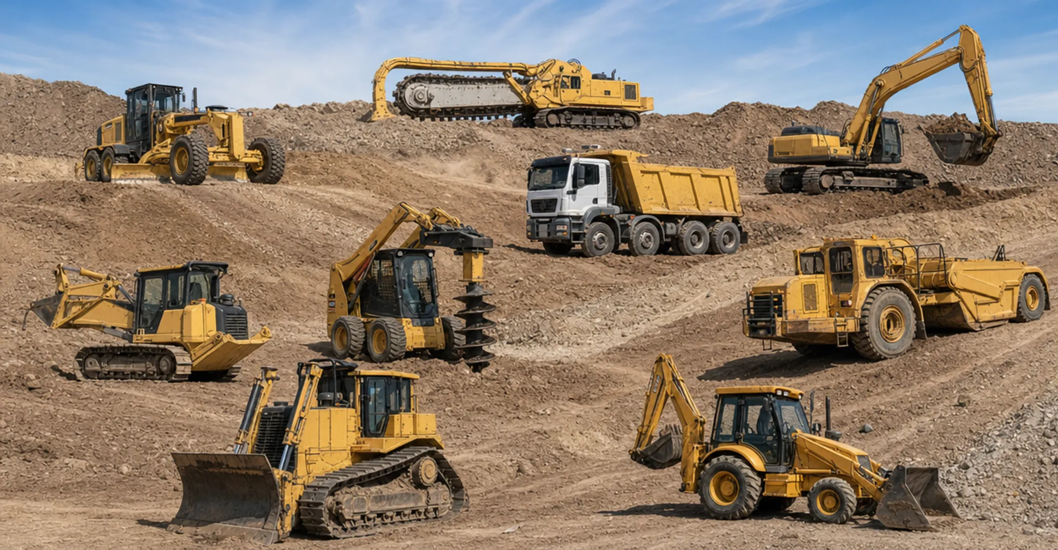 Heavy construction excavators and cranes lined up on job site