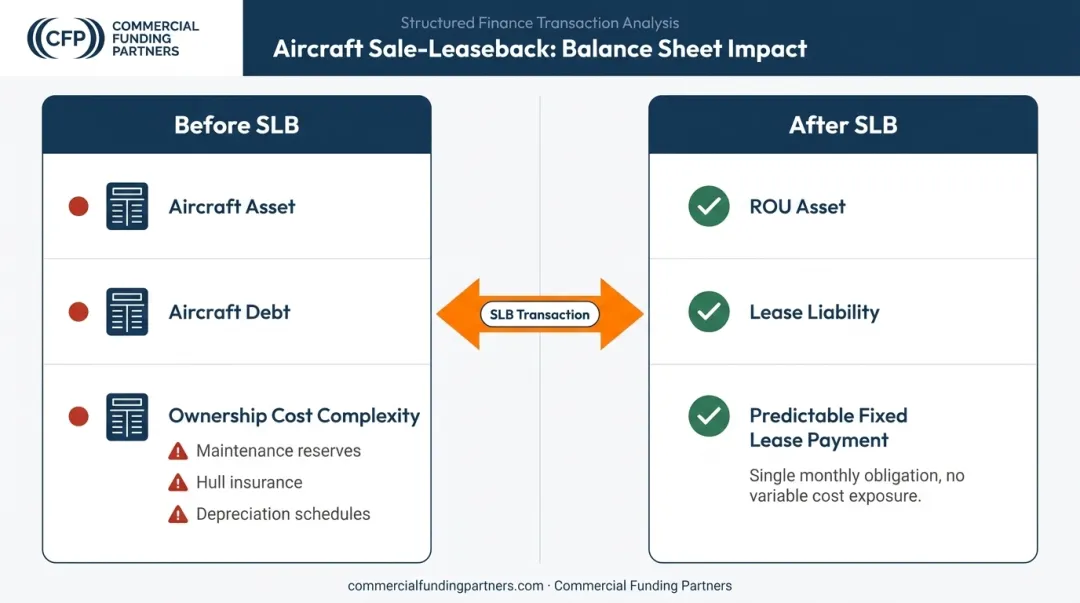 Aircraft sale leaseback balance sheet benefits comparison before and after transaction