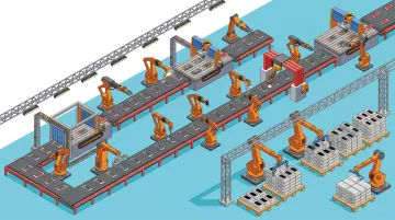 Automated manufacturing production line with robotic equipment in operation