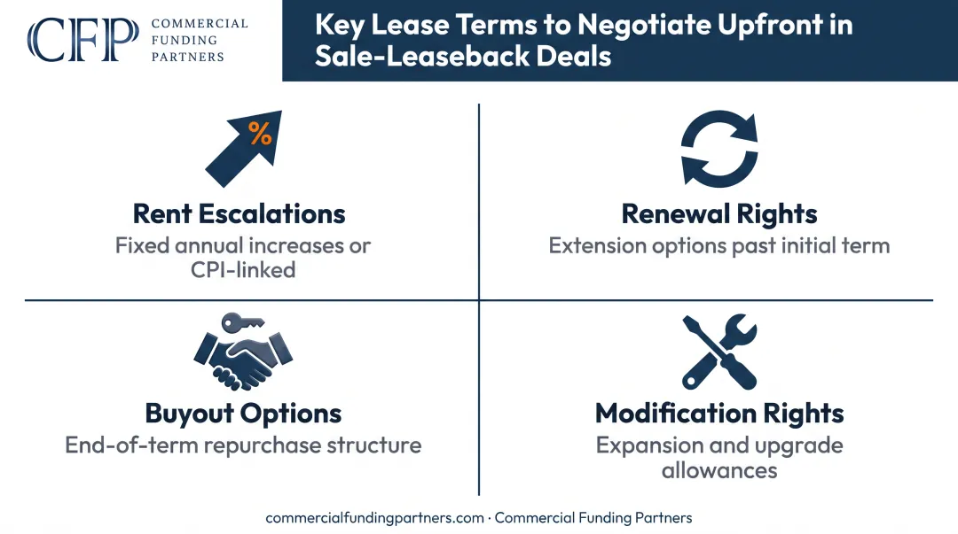 Four critical lease terms to negotiate in sale-leaseback agreements with icons and descriptions