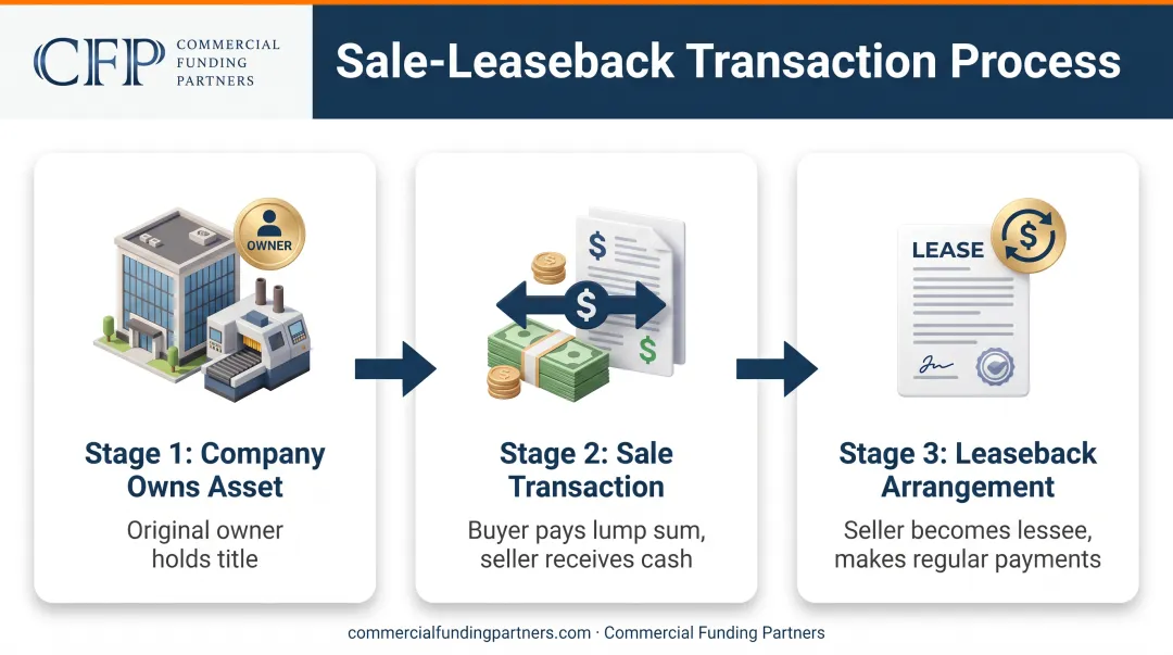 Sale-leaseback transaction process flow showing three stages from asset ownership to leaseback arrangement