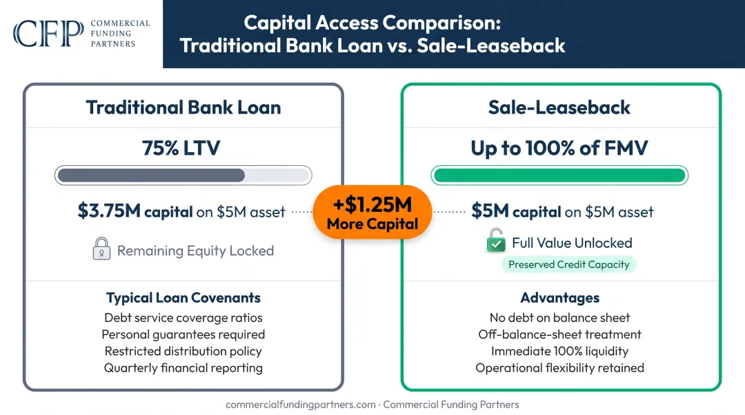 Sale-leaseback versus traditional bank loan capital comparison showing funding amounts and advance rates