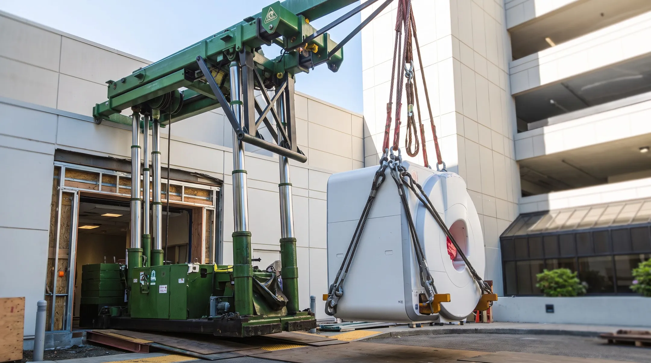 Crane lifting large MRI scanner into hospital construction site