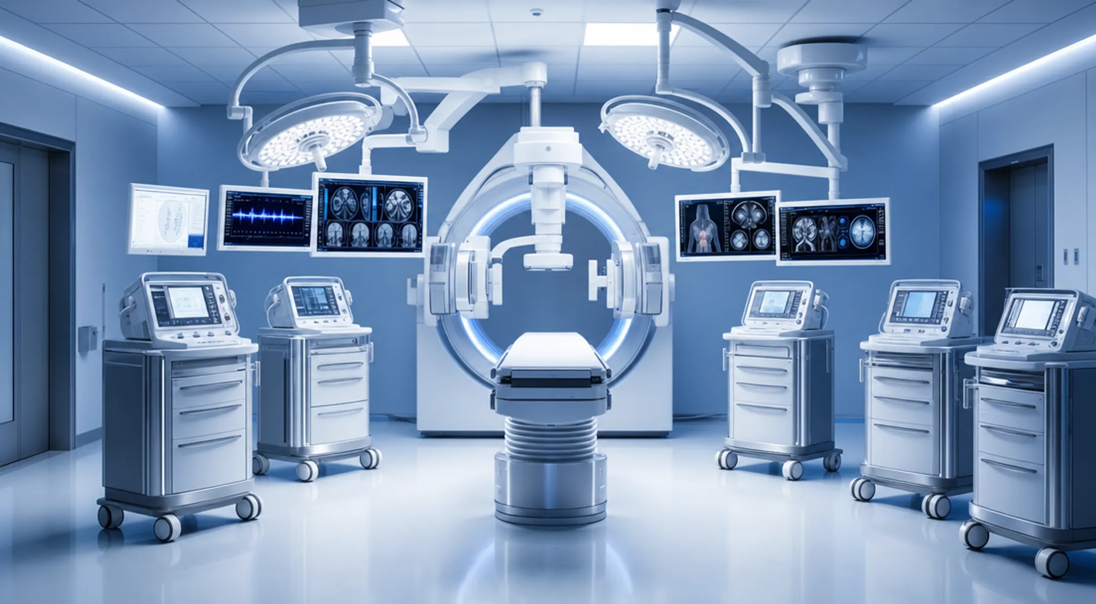 Hospital imaging suite with advanced radiology and surgical equipment