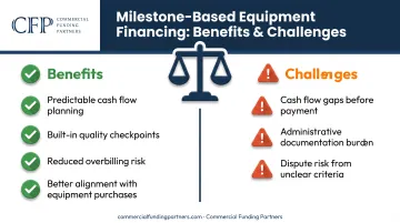 Milestone payment benefits versus challenges comparison infographic for contractors