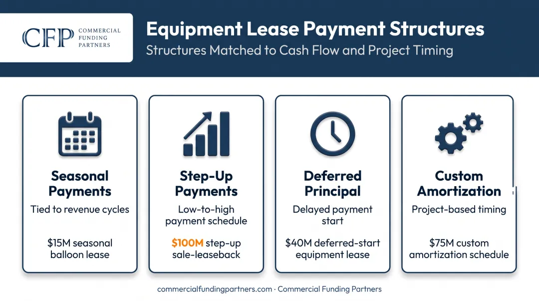 Four equipment lease payment structure options from seasonal to custom amortization
