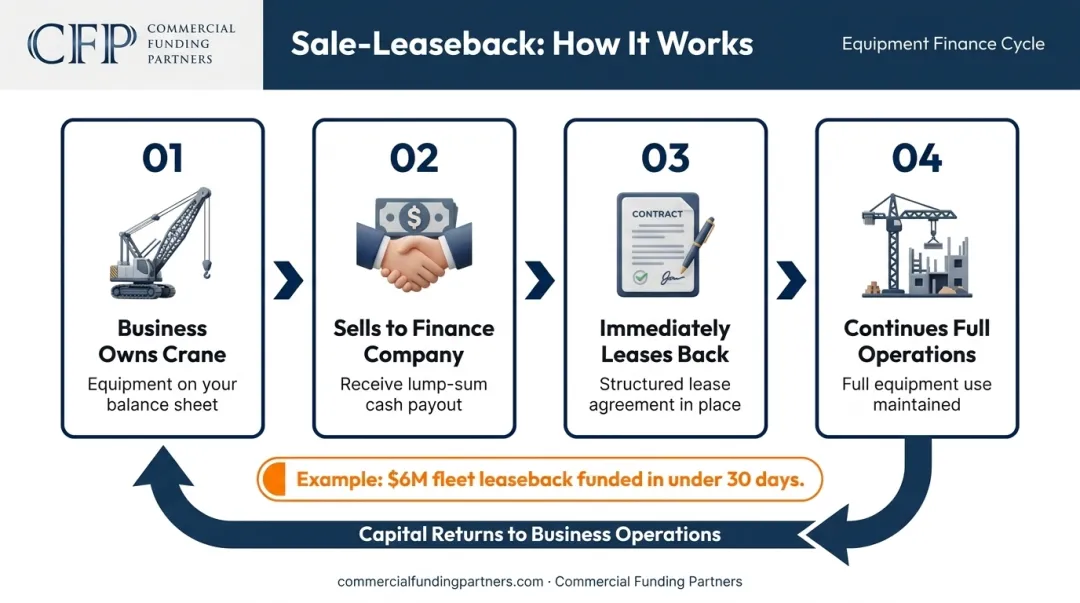Sale-leaseback process flow showing four steps from asset sale to capital release