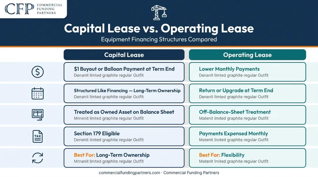 Capital lease versus operating lease side-by-side comparison infographic for cranes