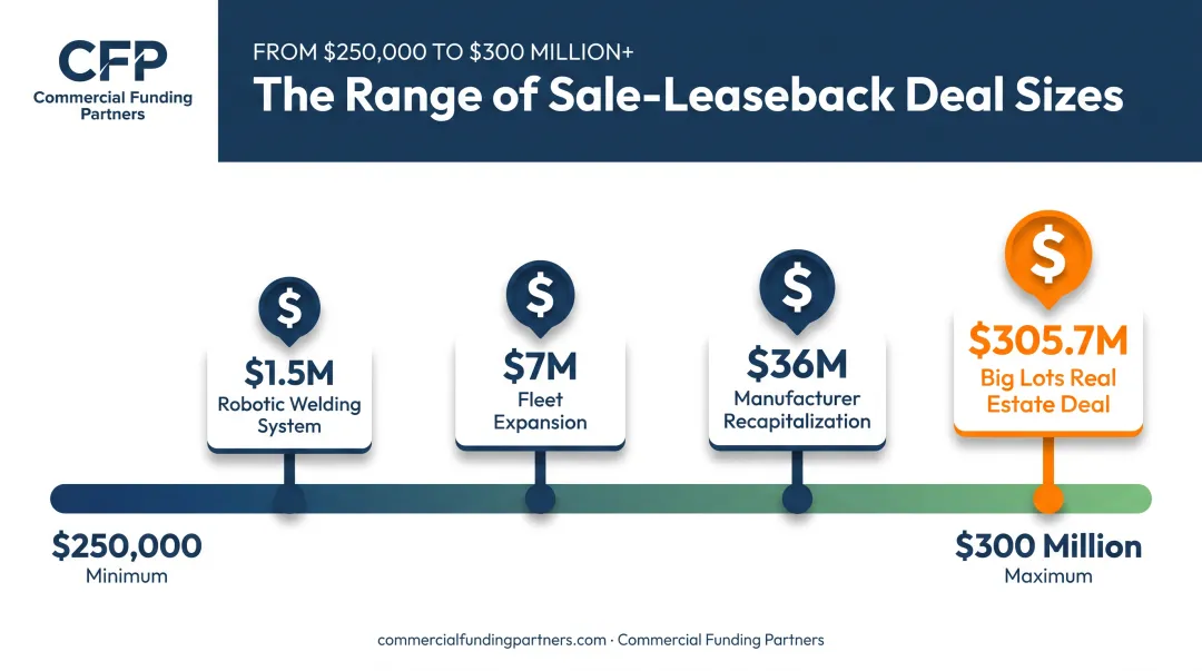 Sale-leaseback transaction size range from $250,000 to $300 million scale