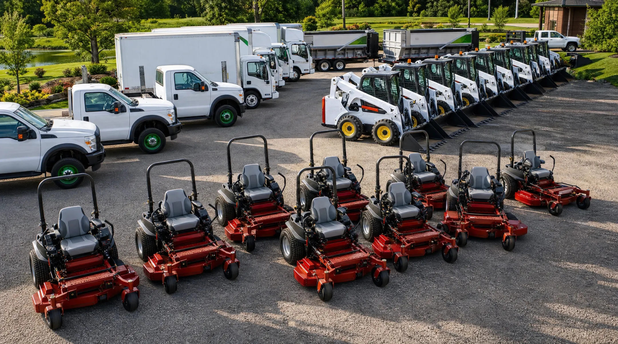 Commercial landscaping equipment lineup with mowers skid steers and trucks