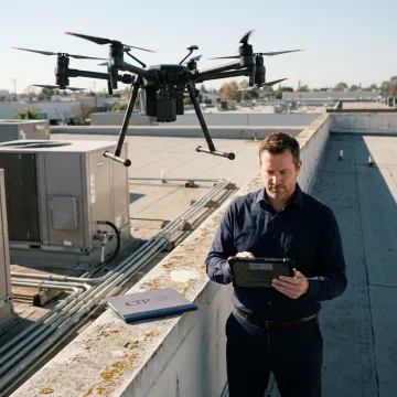 Commercial drone flying over industrial facility