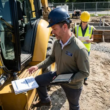Backhoe at a construction site with financing documents