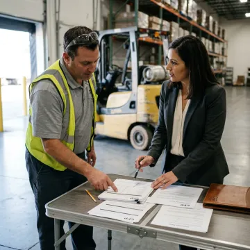Business team reviewing forklift financing documents