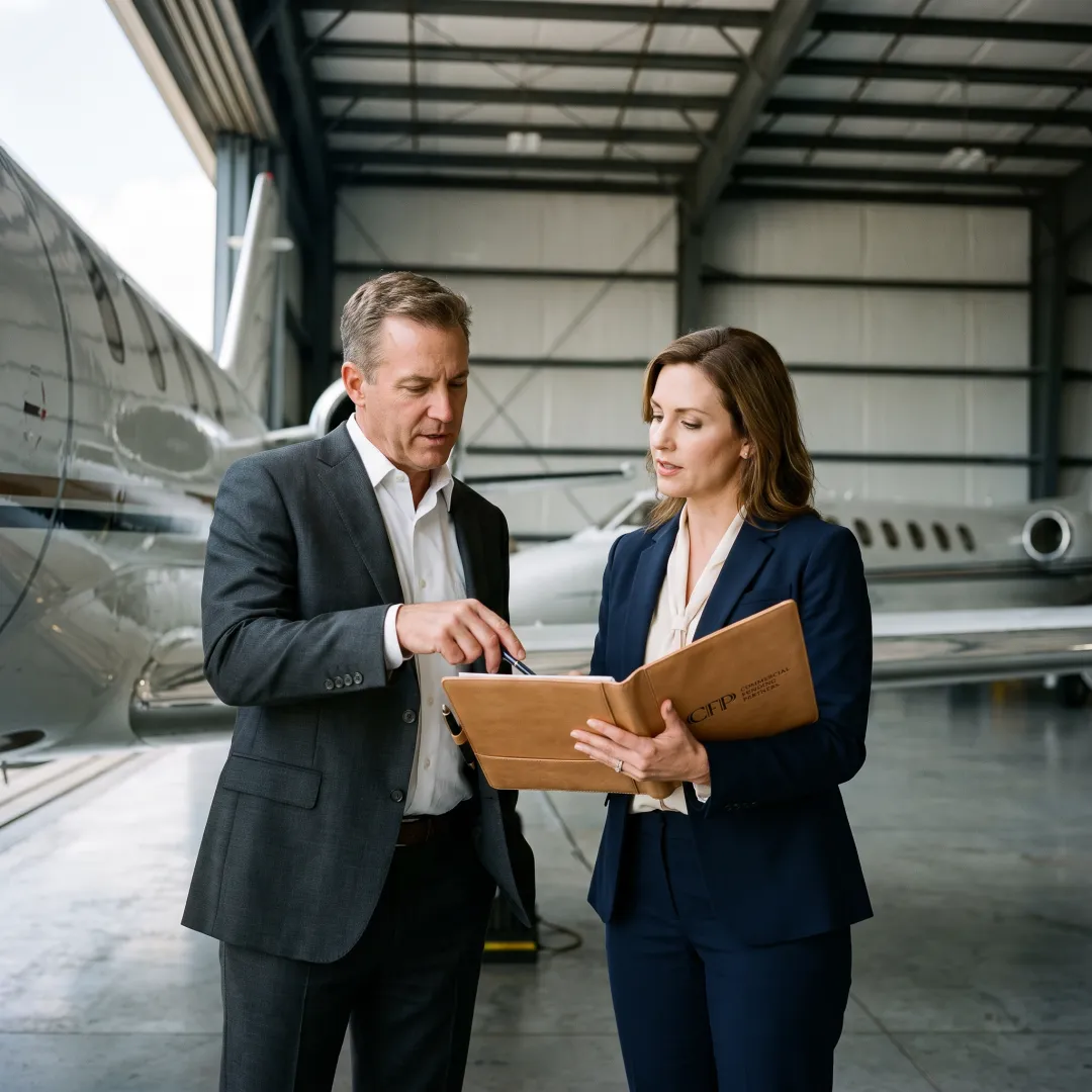 Executives reviewing aircraft financing documents