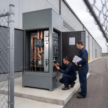 Commercial backup generator beside an industrial facility