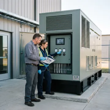 Commercial standby generator outside a business facility