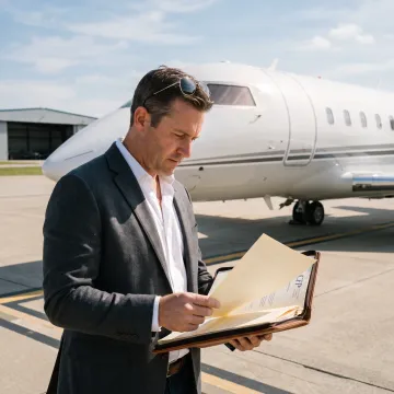 Business aircraft parked on an airport ramp