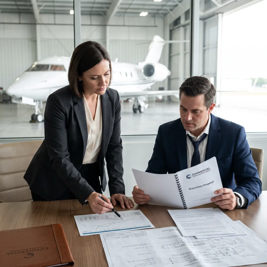 Finance professionals reviewing aircraft acquisition plans