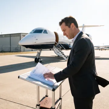 Private aircraft parked on an airport ramp