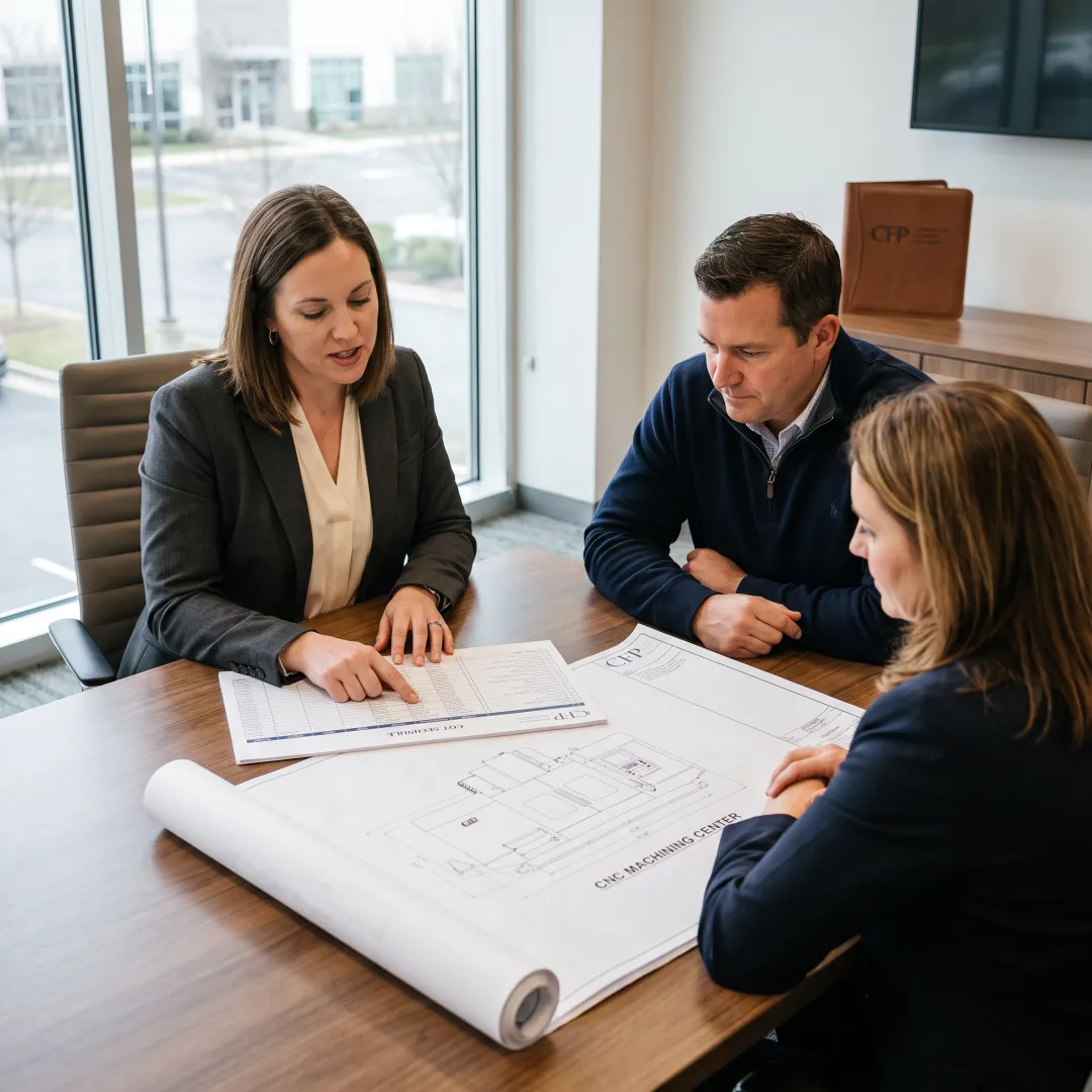 Equipment financing specialist reviewing plans