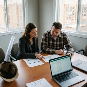 Construction manager reviewing equipment financing documents