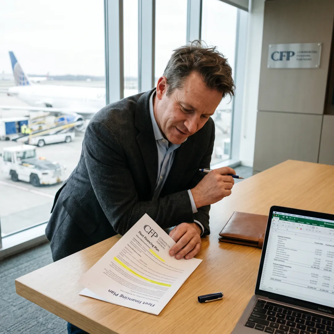 Finance professional reviewing airport equipment plans