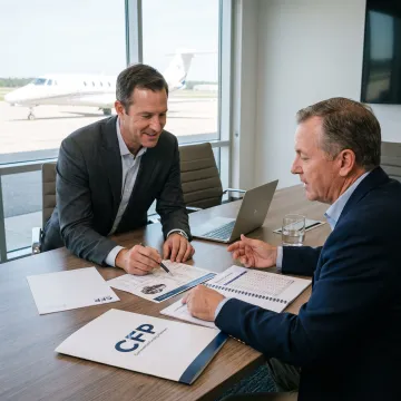 Aviation executive reviewing aircraft engine financing documents