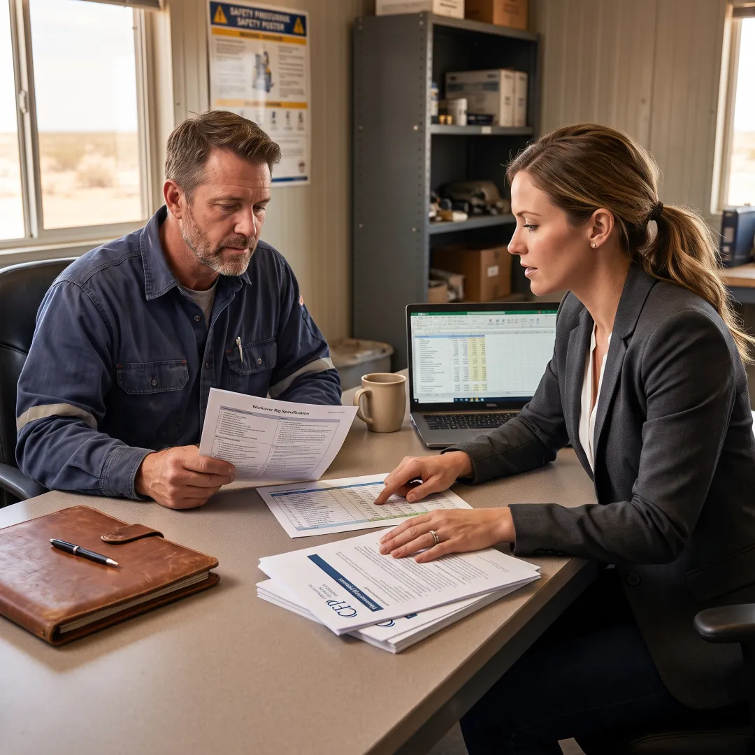Oilfield manager reviewing workover rig financing plans