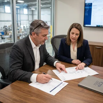 Finance professional reviewing packaging equipment plans