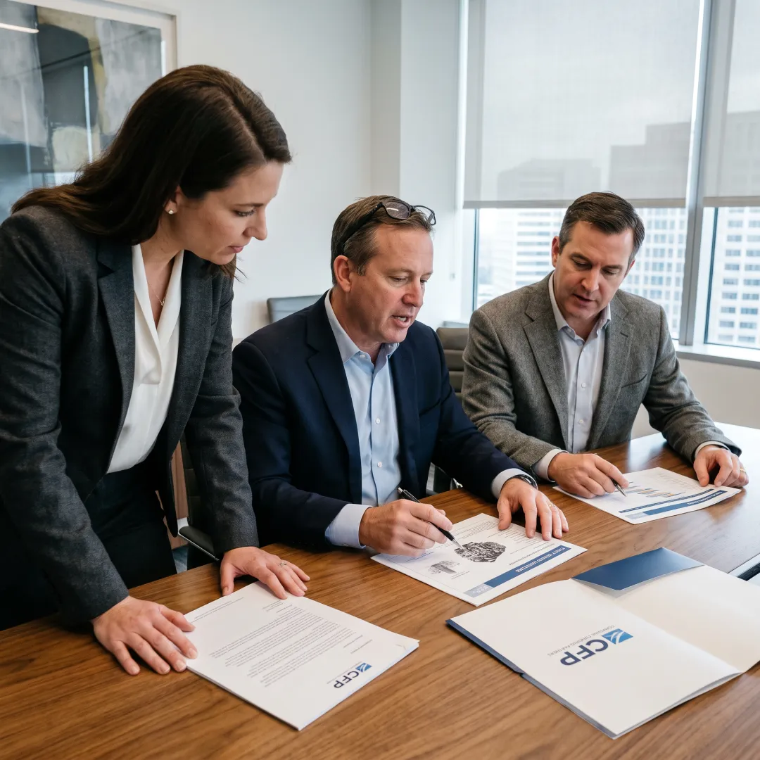 Aviation finance specialists reviewing engine documentation