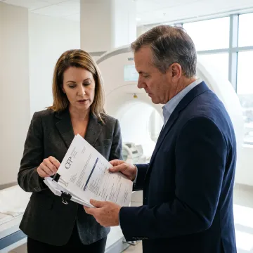 Healthcare executive and finance specialist reviewing imaging equipment plans