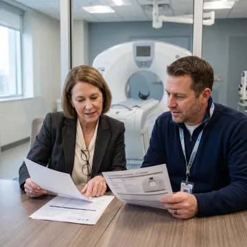 Healthcare leaders reviewing CT scanner financing plans