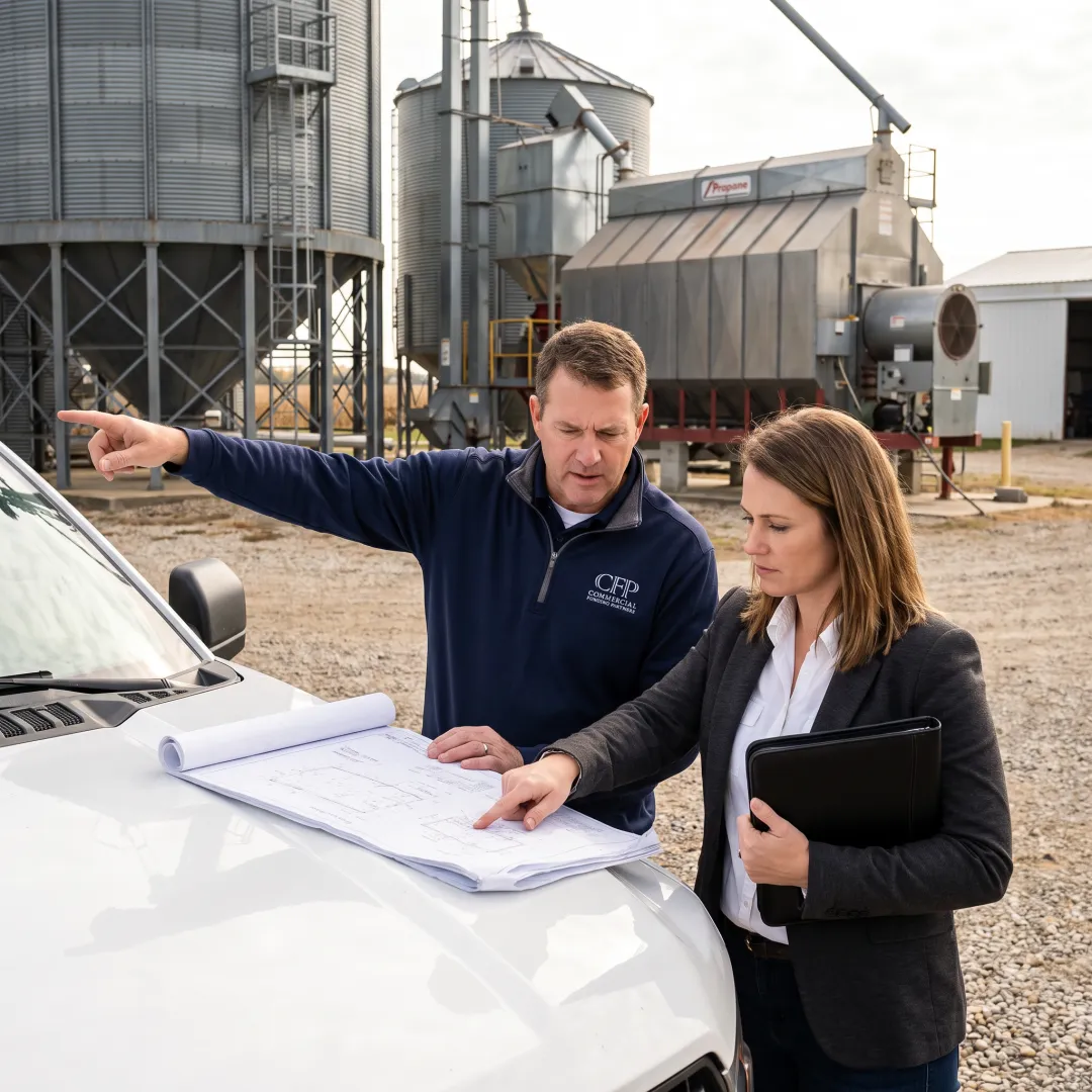Grain facility manager reviewing equipment plans