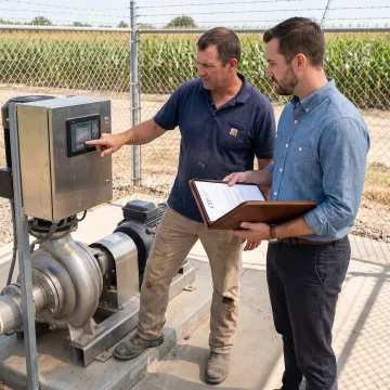 Technician reviewing irrigation equipment controls