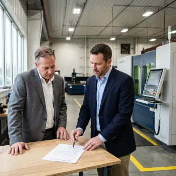 Manufacturing leaders reviewing laser equipment financing documents