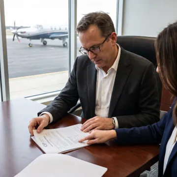 Business owner reviewing aircraft financing documents