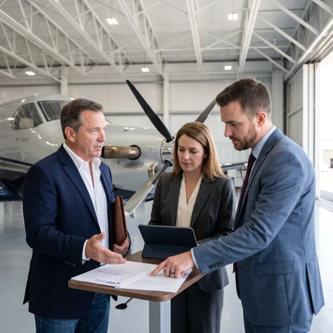 Business team reviewing aircraft lease options