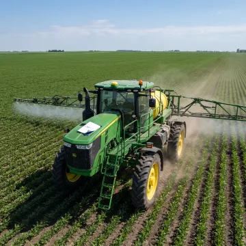 Commercial agricultural sprayer operating in a field