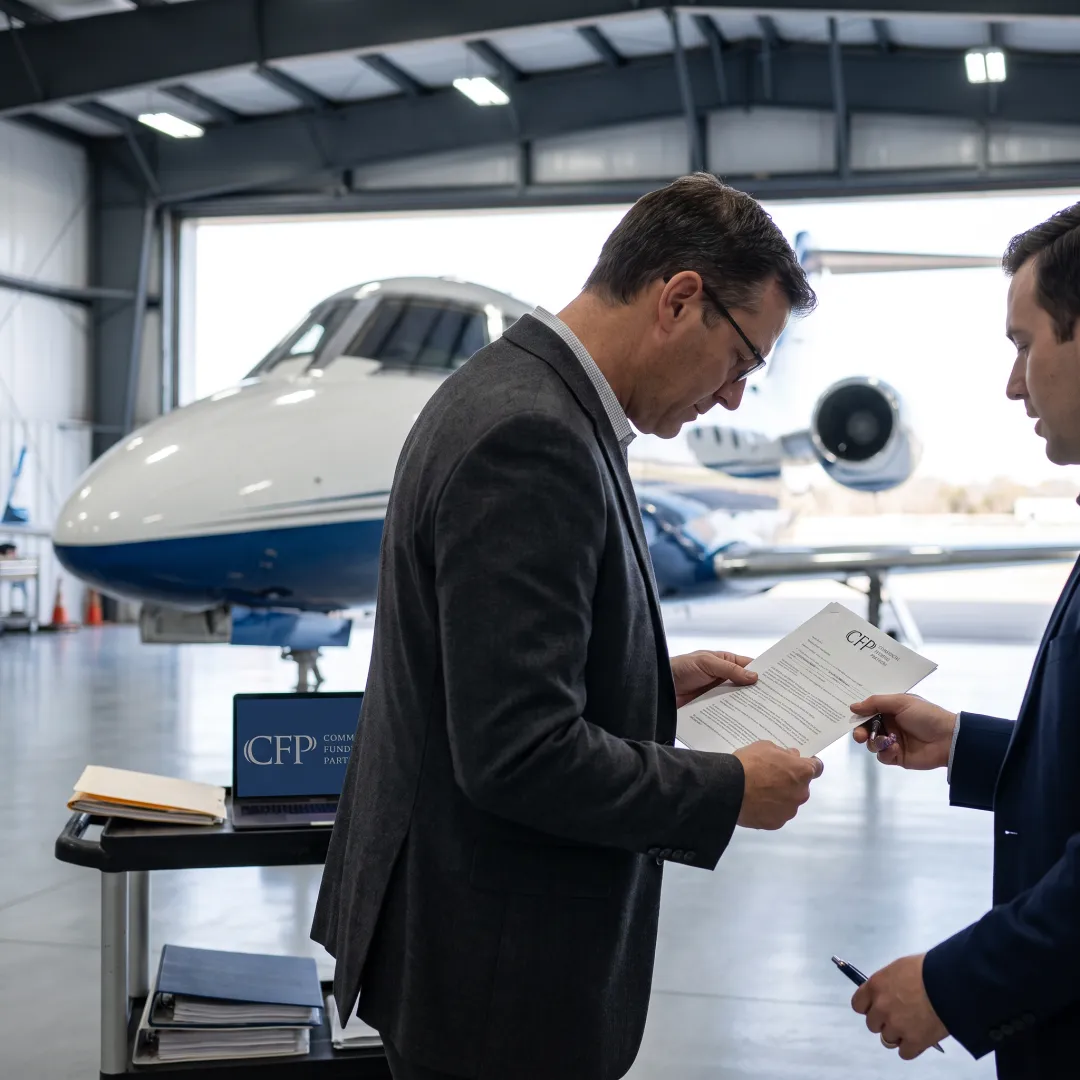 Executive reviewing aircraft leasing documents